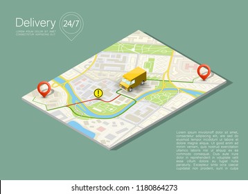 City Map Navigation Route, Point Markers Delivery Van, Vector Isometry Schema Itinerary Delivery Car, City Plan GPS Navigation, Itinerary Destination Arrow City Map. Route Delivery Check Point Graphic