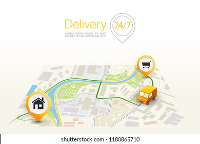 City Map Navigation Route, Point Markers Delivery Van, Vector Drawing Schema Itinerary Delivery Car, City Plan GPS Navigation, Itinerary Destination Arrow City Map. Route Delivery Check Point Graphic