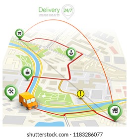 City map navigation route, point markers delivery van, vector drawing schema itinerary delivery car, city plan GPS navigation, itinerary destination arrow city map. Route delivery check point graphic
