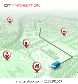 City map navigation route, point markers delivery van, vector schema itinerary delivery car, city plan GPS navigation, itinerary destination arrow city map. Route delivery truck check point graphic