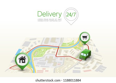 City map navigation route, point markers delivery van, vector drawing schema itinerary delivery car, city plan GPS navigation, itinerary destination arrow city map. Route delivery check point graphic