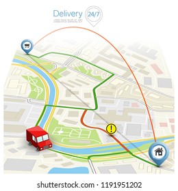 City map navigation route, point markers delivery van, vector drawing schema itinerary delivery car, city plan GPS navigation, itinerary destination arrow city map. Route delivery check point graphic