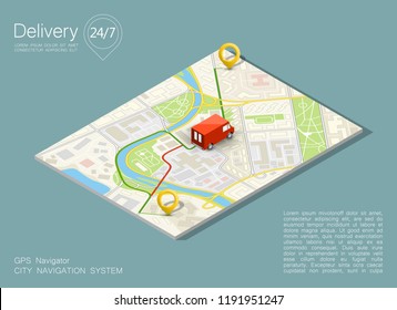 City map navigation route, point markers delivery van, vector isometry schema itinerary delivery car, city plan GPS navigation, itinerary destination arrow city map. Route delivery check point graphic City map navigation route, point markers delivery van, vector isometry schema itinerary delivery car, city plan GPS navigation, itinerary destination arrow city map. Route delivery check point graphic