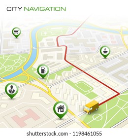 City map navigation route, point markers delivery van, vector schema itinerary delivery car, city plan GPS navigation, itinerary destination arrow city map. Route delivery truck check point graphic