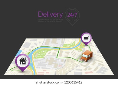 City map navigation route, point markers delivery van, vector drawing schema itinerary delivery car, city plan GPS navigation, itinerary destination arrow city map. Route delivery check point graphic