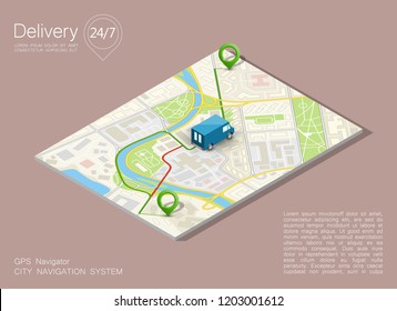 City map navigation route, point markers delivery van, vector isometry schema itinerary delivery car, city plan GPS navigation, itinerary destination arrow city map. Route delivery check point graphic