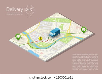 City map navigation route, point markers delivery van, vector isometry schema itinerary delivery car, city plan GPS navigation, itinerary destination arrow city map. Route delivery check point graphic