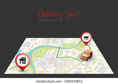 City map navigation route, point markers delivery van, vector drawing schema itinerary delivery car, city plan GPS navigation, itinerary destination arrow city map. Route delivery check point graphic