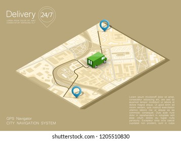 City map navigation route, point markers delivery van, vector isometry schema itinerary delivery car, city plan GPS navigation, itinerary destination arrow city map. Route delivery check point graphic