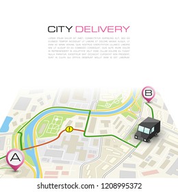 City map navigation route, point markers delivery van, vector drawing schema itinerary delivery car, city plan GPS navigation, itinerary destination arrow city map. Route delivery check point graphic