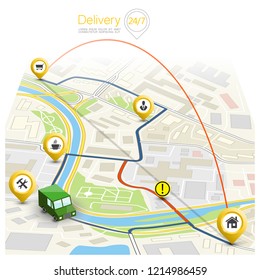 City map navigation route, point markers delivery van, vector drawing schema itinerary delivery car, city plan GPS navigation, itinerary destination arrow city map. Route delivery check point graphic