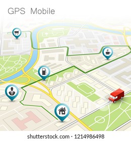 Stadtplan-Navigations-Route, Punkt-Marker Lieferwagen, Vektor-Schema-Routen-Lieferwagen, Stadtplan-GPS-Navigation, Routenpfeil-Stadtplan. Kontrollpunkt des Transportlastwagens