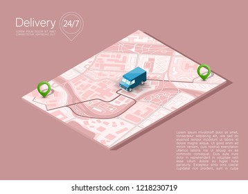 City map navigation route, point markers delivery van, vector isometry schema itinerary delivery car, city plan GPS navigation, itinerary destination arrow city map. Route delivery check point graphic