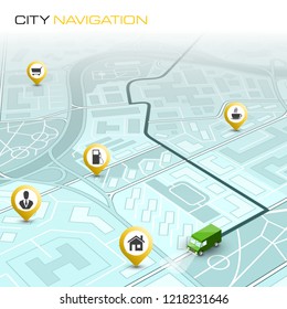 City map navigation route, point markers delivery van, vector schema itinerary delivery car, city plan GPS navigation, itinerary destination arrow city map. Route delivery truck check point graphic