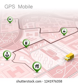 City map navigation route, point markers delivery van, vector schema itinerary delivery car, city plan GPS navigation, itinerary destination arrow city map. Route delivery truck check point graphic