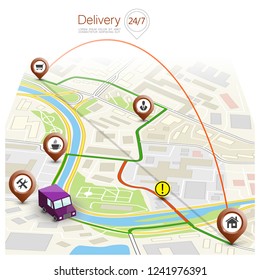 City map navigation route, point markers delivery van, vector drawing schema itinerary delivery car, city plan GPS navigation, itinerary destination arrow city map. Route delivery check point graphic