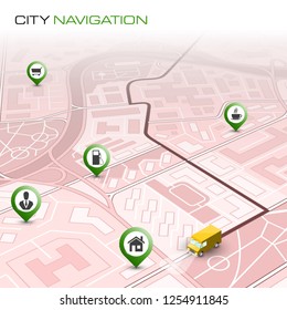 City map navigation route, point markers delivery van, vector schema itinerary delivery car, city plan GPS navigation, itinerary destination arrow city map. Route delivery truck check point graphic