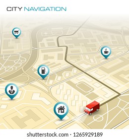 City map navigation route, point markers delivery van, vector schema itinerary delivery car, city plan GPS navigation, itinerary destination arrow city map. Route delivery truck check point graphic