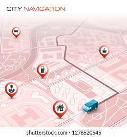 City map navigation route, point markers delivery van, vector schema itinerary delivery car, city plan GPS navigation, itinerary destination arrow city map. Route delivery truck check point graphic