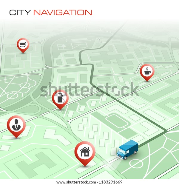 City map navigation route, point markers delivery\
van, vector schema itinerary delivery car, city plan GPS\
navigation, itinerary destination arrow city map. Route delivery\
truck check point graphic