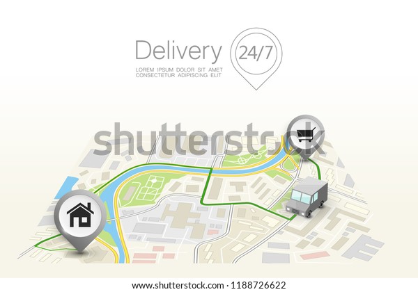 City map navigation route, point markers delivery\
van, vector drawing schema itinerary delivery car, city plan GPS\
navigation, itinerary destination arrow city map. Route delivery\
check point graphic