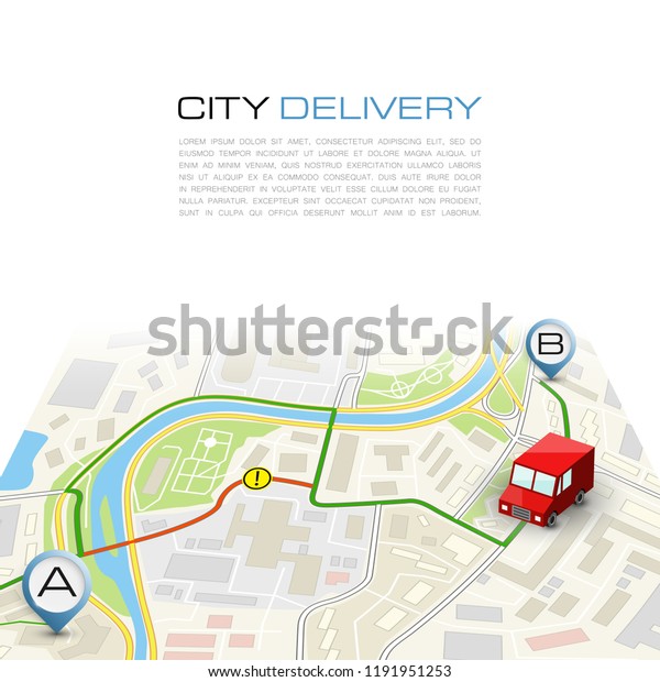 City map navigation route, point markers delivery
van, vector drawing schema itinerary delivery car, city plan GPS
navigation, itinerary destination arrow city map. Route delivery
check point graphic