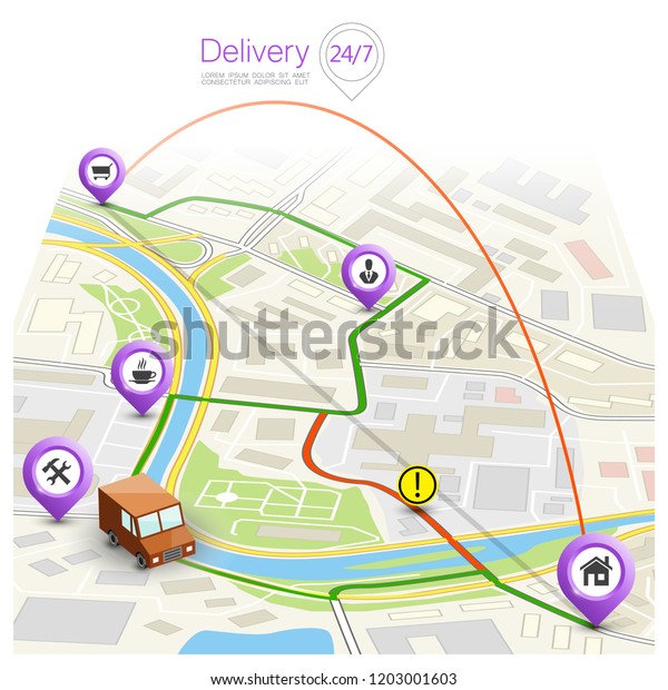 City map navigation route, point markers delivery\
van, vector drawing schema itinerary delivery car, city plan GPS\
navigation, itinerary destination arrow city map. Route delivery\
check point graphic