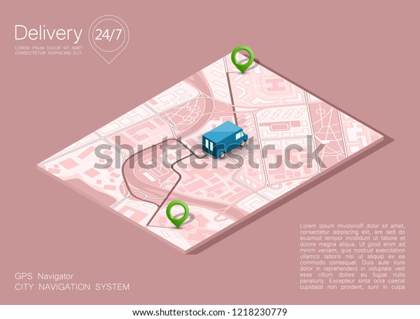 City map navigation route, point markers delivery\
van, vector isometry schema itinerary delivery car, city plan GPS\
navigation, itinerary destination arrow city map. Route delivery\
check point graphic
