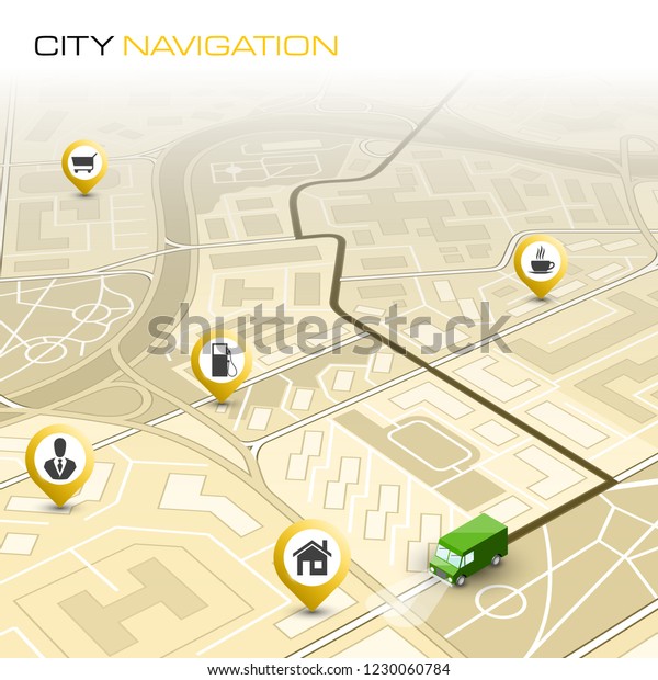 City map navigation route, point markers delivery\
van, vector schema itinerary delivery car, city plan GPS\
navigation, itinerary destination arrow city map. Route delivery\
truck check point graphic