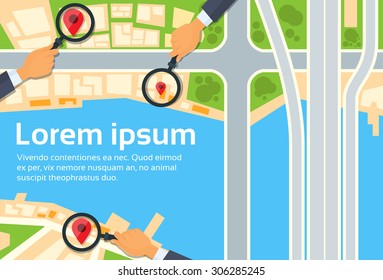 City Map Navigation Search Hand Magnifying Glass Street With Pins Icons Flat Vector Illustration