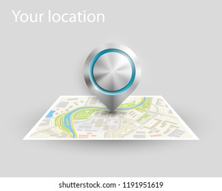 City map navigation, steel color point markers design background, vector schema, 3D simple city plan GPS navigation, final destination metal arrow on paper city map. Route of delivery check point