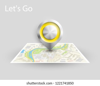 City map navigation, steel color point markers design background, vector schema, 3D simple city plan GPS navigation, final destination metal arrow on paper city map. Route of delivery check point
