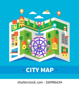 City map. Navigator. Locations: amusement park, sea, cafes, factory, street, houses. Vector flat landscape illustration