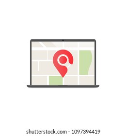 City map on laptop screen. Navigation, current location, positioning, route concepts. Modern flat design. Vector illustration.