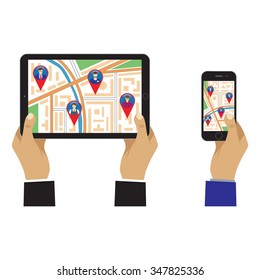 City map on the screen of the mobile device. Social Networks. Social Media. Global communication.