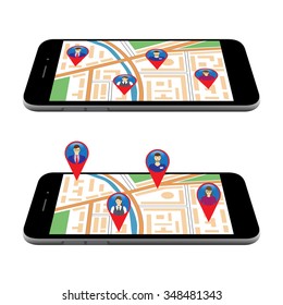 City map on the screen of the mobile device. Social Networks. Social Media. Global communication.