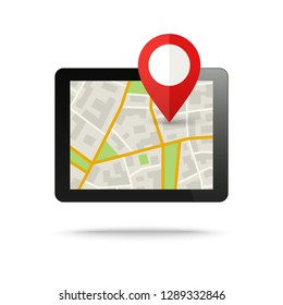 City Map on Tablet computer with Pin. Location service