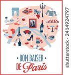 City map of Paris, France capitale. Big bundle collection of parisian cliché. French and parisian Symbols on a map. Vector illustration, separated items. Postal card.
