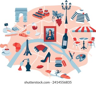 City map of Paris, France capitale. Big bundle collection of parisian cliché. French and parisian Symbols on a map. Vector illustration, separated items.