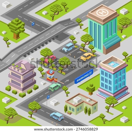 City map for parking lot isometric 3D vector illustration or map with office and residential building and car parking area. Isometric cars on outdoor parking lots street direction on road lane marking