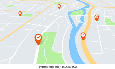 City map with pins. Color cartography town plan in perspective with red navigation pointers on route. Urban tourism vector street and river on navigator colorful direction gps concept