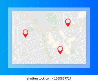 City map with pins. Gps navigation route with pointers. Town roads and residential blocks.