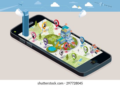 City map with pins, with the location of different service icons, and an intelligent house above the screen of a smart-phone.