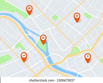 City map with pins. Town roads and residential blocks. Gps navigation route with pointers. Abstract urban travel vector locating geo infographic background