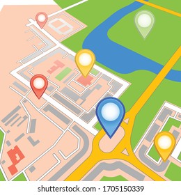 City map with pins. Town roads and residential blocks. Gps navigation route with pointers. Abstract urban travel vector locating geo infographic background