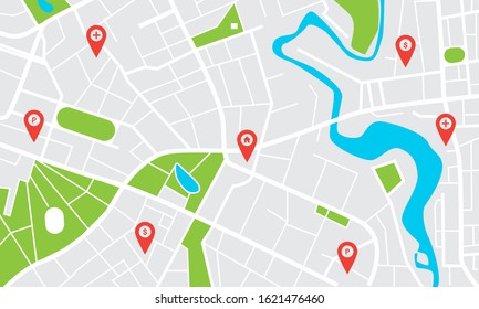 City map with pins. Town streets and avenues, parks and squares, rivers and ponds. Urban gps navigation with pointers. Geo locating concept