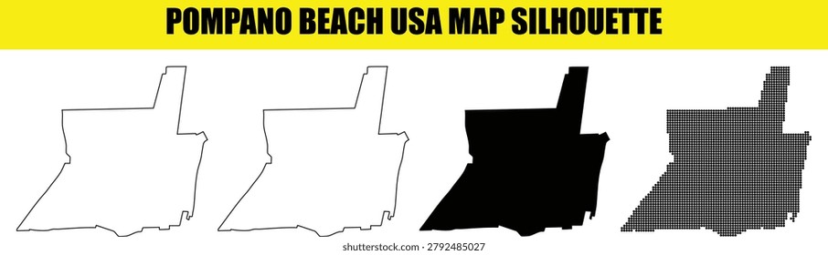 City map of Pompano Beach Florida USA featuring border lines solid silhouette and halftone dot art styles on transparent background isolated graphic design element for urban planning or digital illustration project.