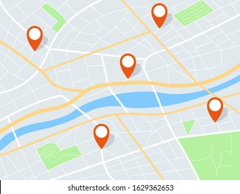 City map realistic with red markers and rounded icons flat 2d