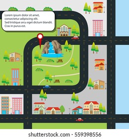 City map with road and different locations illustration