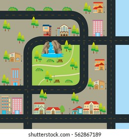 City map with road and many landmarks illustration